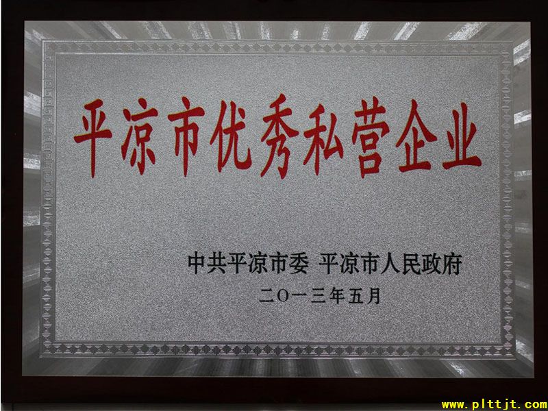 2013年5月31日平涼天泰工貿集團有限公司榮獲“平涼市優(yōu)秀私人企業(yè)”榮譽稱號